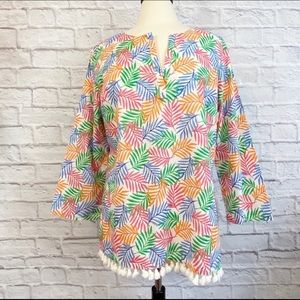 Talbots Fern Print Tassel Trim Tunic Top Medium